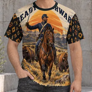 Geometric Cavalry Rider and Bison at Sunset for Outdoor Trips and History Gatherings All-over Print Unisex T-shirt