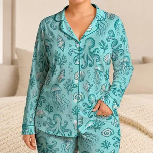 Teal Octopus And Jellyfish Ocean Life For Relaxed Coastal Getaways Satin Pajamas Set
