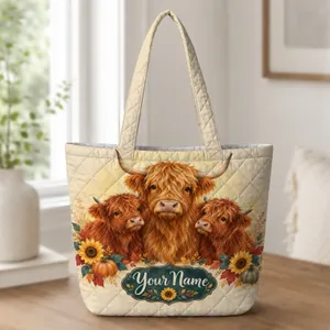 Highland Cow Trio and Sunflowers for Rustic Autumn Farm Lovers and Cozy Fall Days Quilted Tote Bag