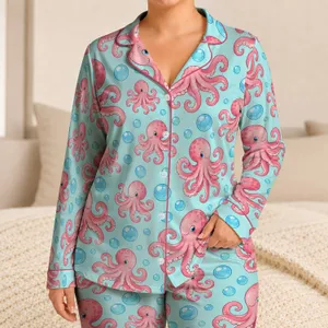 Pink Octopus and Blue Bubbles for Relaxed Coastal Getaways and Summer Beach Days Satin Pajamas Set