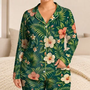 Tropical Palm Leaves and Hibiscus for Relaxed Island Getaways and Summer Lounging Satin Pajamas Set