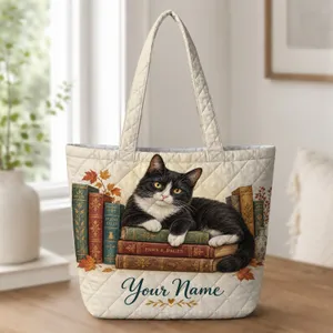 Black and White Cat Among Vintage Books for Library Days and Literary Gifts for Her Quilted Tote Bag