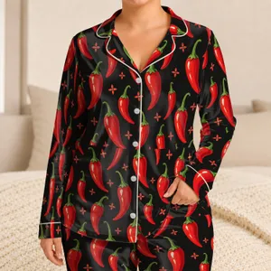 Red Chili Pepper Motifs for Summer Getaways and Relaxed Culinary-Inspired Style Satin Pajamas Set