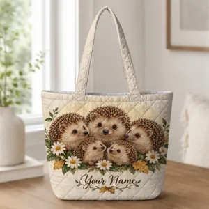 Hedgehog Family With Daisies for Woodland Walks and Nature-Loving Gift Giving Quilted Tote Bag