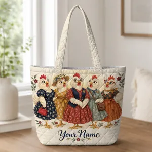 Colorful Farm Hens in Floral Dresses for Country Living and Chicken Lover Gift Giving Quilted Tote Bag