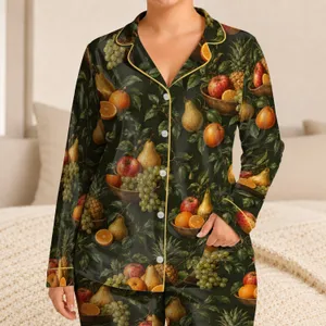 Renaissance Fruit Baskets, Apples and Citrus for Relaxed At-Home Evening Lounging Satin Pajamas Set