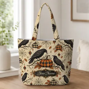 Halloween Raven and Pumpkin Gothic Autumn Style for Spooky Season Gift Lovers Quilted Tote Bag