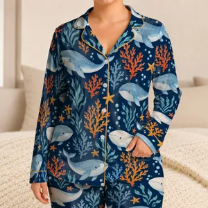 Whale and Coral Ocean Scene for Relaxing Coastal Getaways and Sea Lovers Satin Pajamas Set