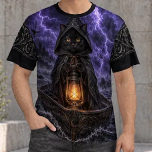 Hooded Black Cat with Glowing Lantern for Gothic Night Adventures and Fantasy Fans All-over Print Unisex T-shirt