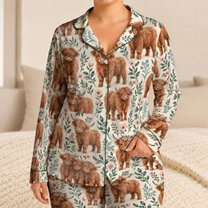 Highland Cow and Blush Rose Botanical Motifs for Cozy Cottagecore Lounging Satin Pajamas Set