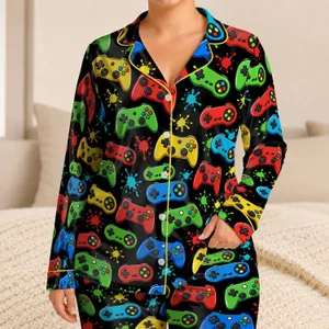 Colorful Retro Game Controllers for Cozy Gaming Nights and Relaxed Weekend Lounging Satin Pajamas Set