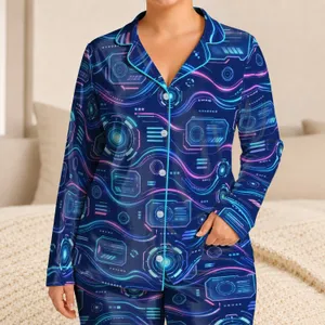 Neon Cyberpunk Interface Lines for Coastal Getaways and Futuristic Nightlife Escapes Satin Pajamas Set