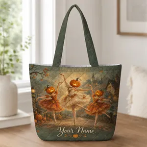 Pumpkin-Head Ballerinas Dancing Through a Vintage Halloween Village for Autumn Celebrations Quilted Tote Bag