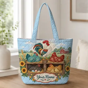 Colorful Chicken Coop and Rooster Garden Scene for Farmhouse Lovers and Animal Fans Quilted Tote Bag