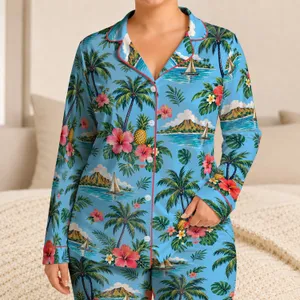 Tropical Palm, Hibiscus and Island Coast Scenes for Relaxed Beachside Getaways and Holidays Satin Pajamas Set