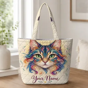 Vibrant Rainbow-Eyed Cat Portrait for Summer Days and Thoughtful Animal Lover Gifts Quilted Tote Bag