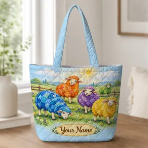Colorful Sheep in a Sunny Meadow for Springtime Gifts and Nature Loving Women Quilted Tote Bag
