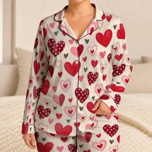 Burgundy And Cherry Heart Motifs For Cozy Winter Evenings And Sweet Valentine Moments Satin Pajamas Set