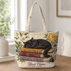Sleeping Black Cat on Vintage Books for Cozy Reading Days and Thoughtful Gifts for Her Quilted Tote Bag