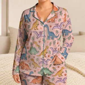 Cute Pastel Dinosaurs with Cozy Prehistoric Charm for Women and Dino Lovers of All Ages Satin Pajamas Set