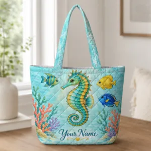 Colorful Seahorse and Tropical Fish for Coastal Holidays, Beach Days and Ocean Lovers Quilted Tote Bag