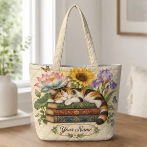 Calico Cat Napping on Storybooks with Garden Blooms for Cozy Reading Lovers Quilted Tote Bag