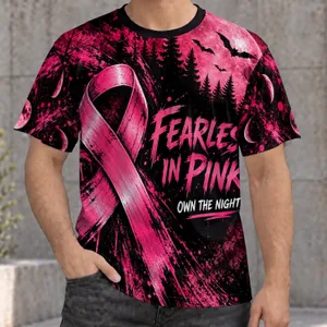 Pink Awareness Ribbon Under Blood Moon for Halloween Night Support and Cancer Care All-over Print Unisex T-shirt