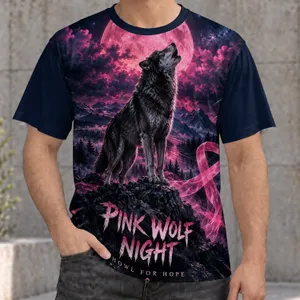 Howling Wolf Beneath a Pink Moon for Breast Cancer Awareness and Hope All-over Print Unisex T-shirt