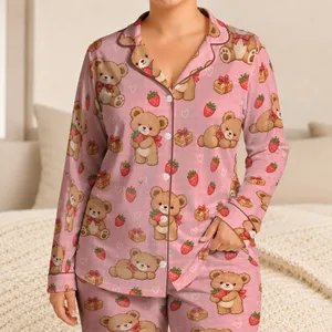 Cute Teddy Bears And Strawberries For Cozy Evenings And Sweet Relaxing At Home Satin Pajamas Set
