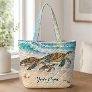 Sea Turtle Family by Turquoise Waves for Summer Beach Days and Ocean-Loving Women Quilted Tote Bag