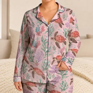 Watercolor Sea Turtle and Coral Motifs for Relaxed Coastal Lounging and Gift Giving Satin Pajamas Set