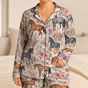 Watercolor Horses And Wildflowers For Cozy Country Mornings And Relaxed Equestrian Living Satin Pajamas Set
