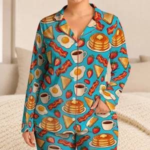 Pancake Bacon And Egg Motifs For Cozy Weekend Mornings And Brunch Lovers Satin Pajamas Set