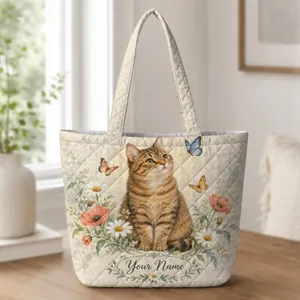 Tabby Cat in a Butterfly Garden for Springtime Outings and Gifts for Cat Lovers Quilted Tote Bag