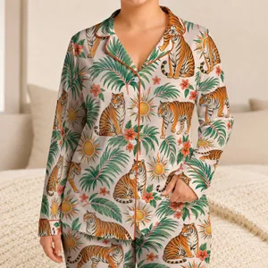 Tropical Tiger And Palm Leaf Motifs For Relaxed Summer Vacation Lounging At Home Satin Pajamas Set