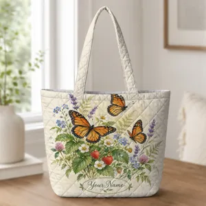 Monarch Butterflies and Wild Strawberries for Garden Days and Nature Lovers Quilted Tote Bag