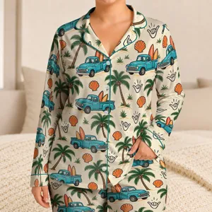 Turquoise Surf Trucks And Palm Trees For Sunny Coastal Adventures For Kids Satin Pajamas Set