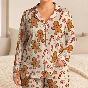Gingerbread People, Candy Canes and Snowflakes for Cozy Christmas Holiday Cheer Satin Pajamas Set