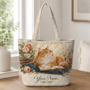 Fluffy Cat Among Garden Roses and Open Books for Cozy Reading and Pet Lover Gifts Quilted Tote Bag