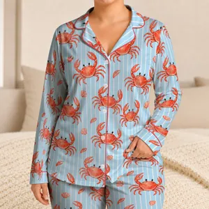 Coral Crab and Sky Blue Stripes for Cozy Coastal Family Gatherings and Kids Summer Satin Pajamas Set