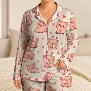 Sweet Coral Piglets And Pink Hearts For Cozy Evenings And Little Girls Satin Pajamas Set