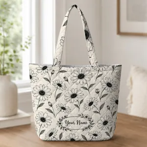 Monochrome Daisy Botanicals for Farmers Market Errands and Everyday Carry Gift Quilted Tote Bag
