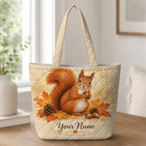 Woodland Squirrel with Autumn Leaves for Cozy Nature-Loving Everyday Carry Gifts Quilted Tote Bag