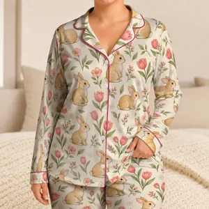 Blushing Rabbits and Pink Blooms for Cozy Slow Mornings and Cottagecore Lounging Satin Pajamas Set