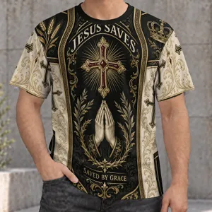 Praying Hands Cross and Crown for Church Worship and Daily Christian Men's Wear All-over Print Unisex T-shirt