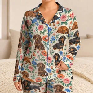 Dachshund And Garden Flowers For Cozy Lounging And Dog Lover Gifting Satin Pajamas Set
