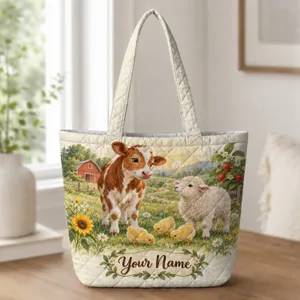Sheep, Cow and Chicks in a Meadow for Cottage Farmhouse Laundry Room Decor Gifts Quilted Tote Bag