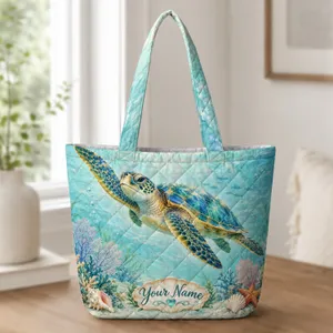Sea Turtle and Coral Coastal Laundry Room Gift for Beach House Living Quilted Tote Bag