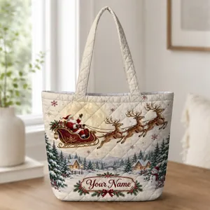Santa Sleigh Reindeer Snowman Winter Scene for Christmas Holiday Cheer Quilted Tote Bag