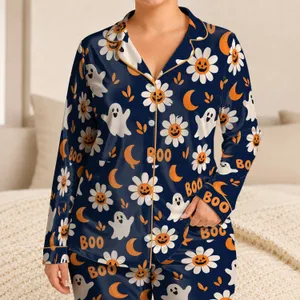 Halloween Pumpkin Daisies, Ghosts and Boo for Cozy October Nights for Little Ones Satin Pajamas Set
